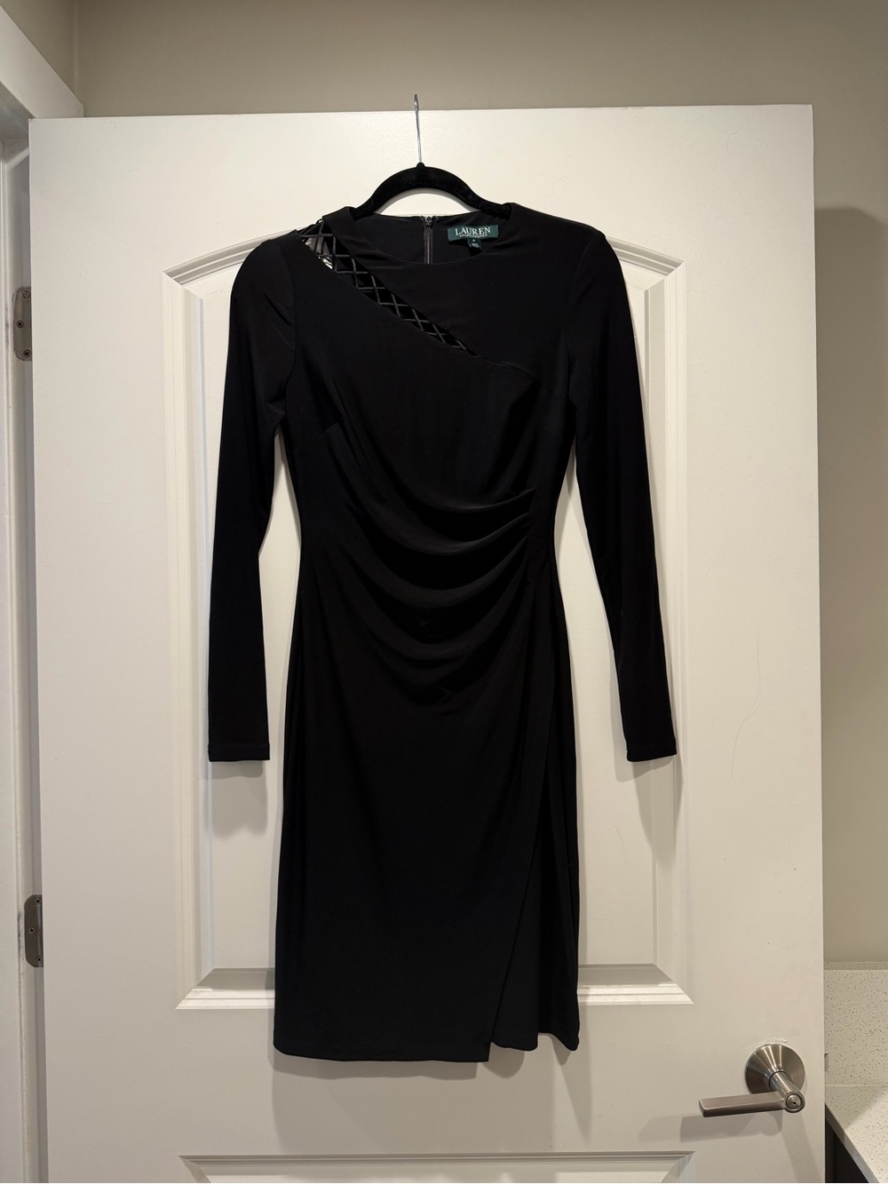 Lauren Ralph Lauren Black Long-Sleeve Ruched Cocktail Dress with Lattice Detail
